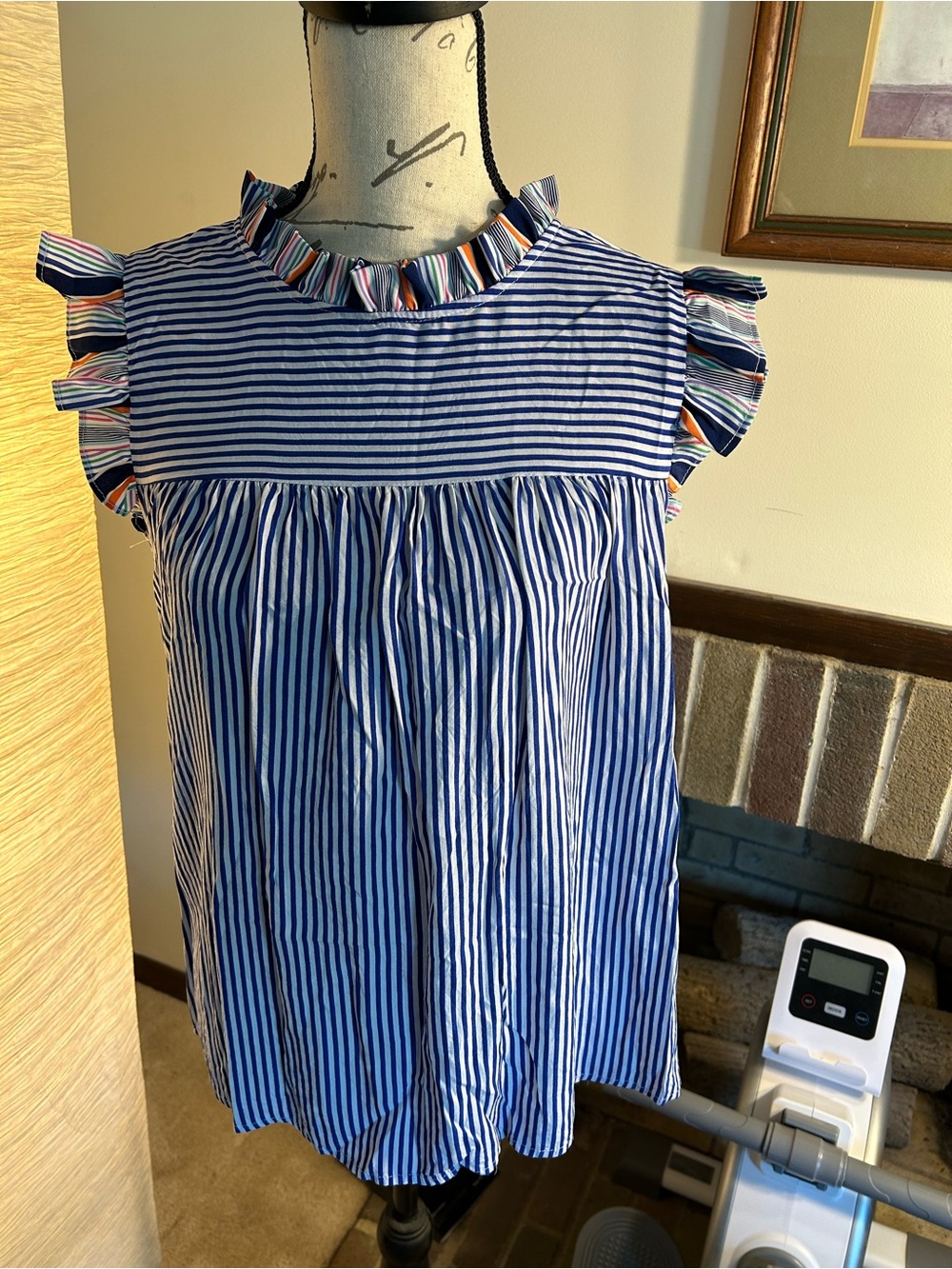 Staccato Blue and White Striped Ruffle-Trim Blouse